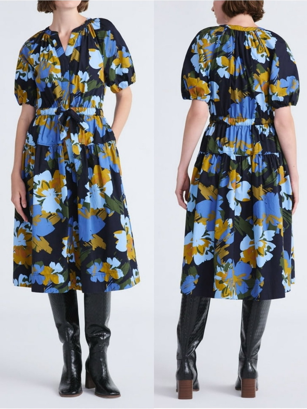 Free Assembly Women's Cotton Midi Dress with Puff Sleeves, Sizes XS (0-2)